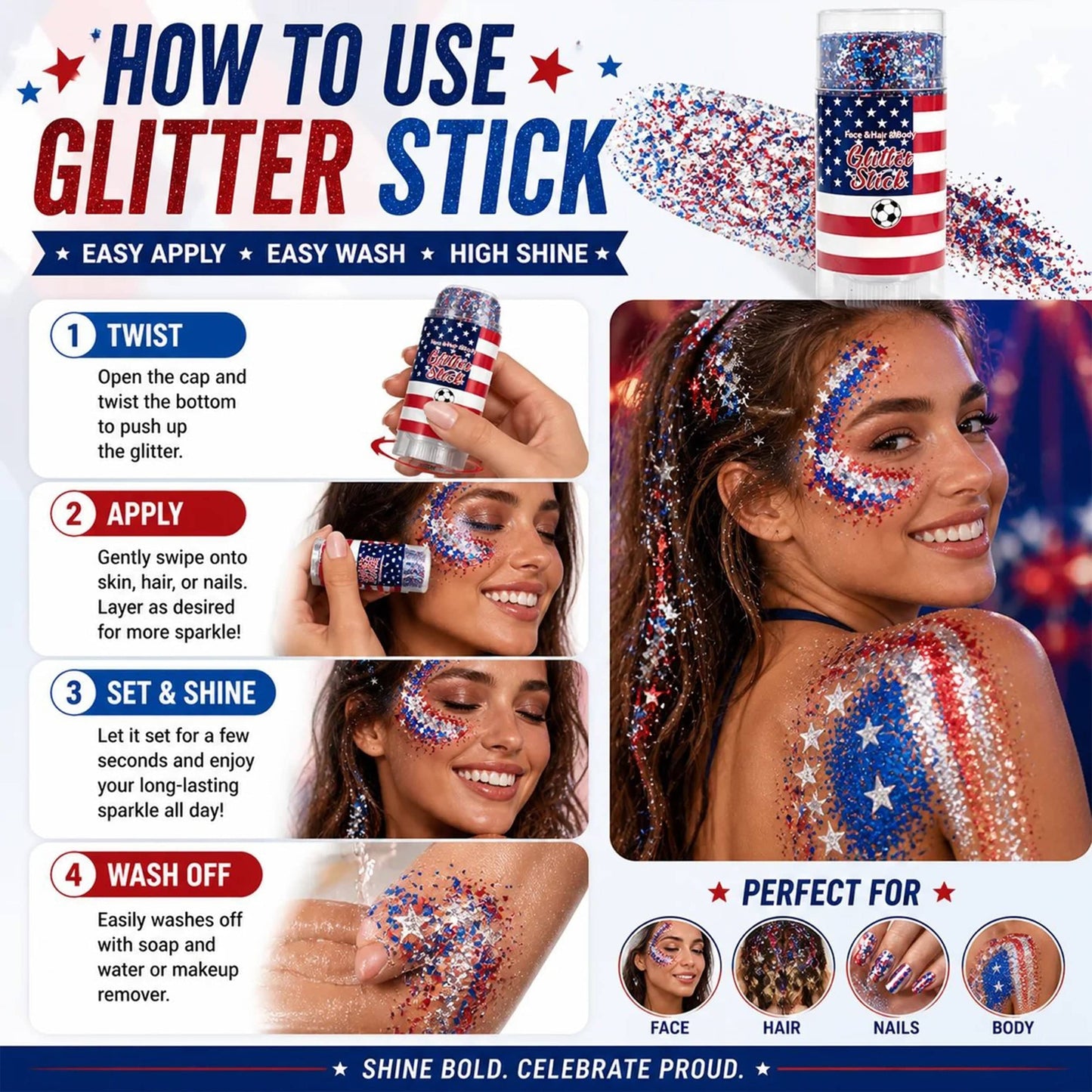 🇺🇸 4th of July Glitter Stick – Red, White & Blue Body & Hair Sparkle