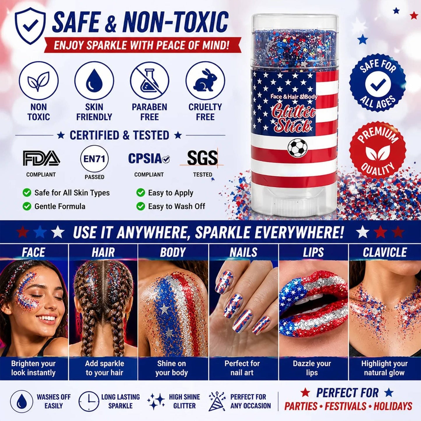 🇺🇸 4th of July Glitter Stick – Red, White & Blue Body & Hair Sparkle