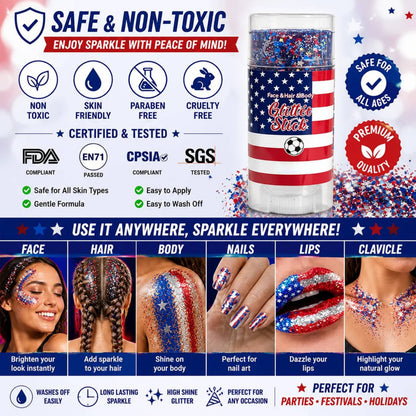 🇺🇸 4th of July Glitter Stick – Red, White & Blue Body & Hair Sparkle