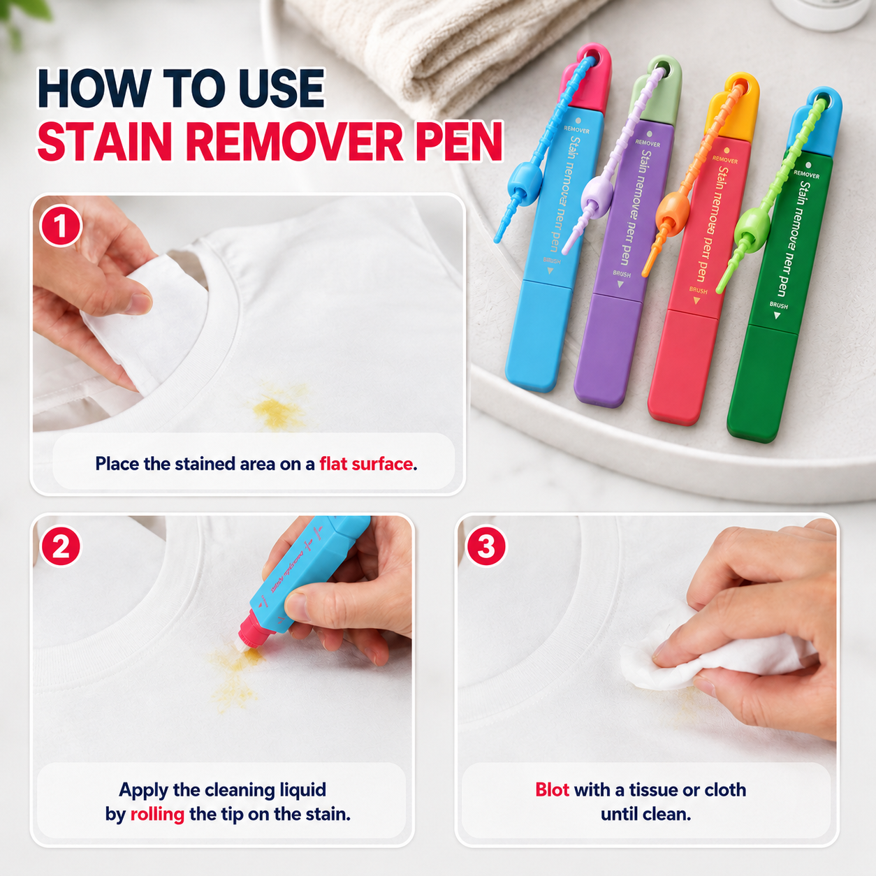 Portable Instant Stain Remover Pen for Clothes, Travel-Friendly Spot Cleaner with Built-in Brush Applicator, Quick Treatment for Coffee, Wine, Sauce, Makeup & Everyday Fabric Stains