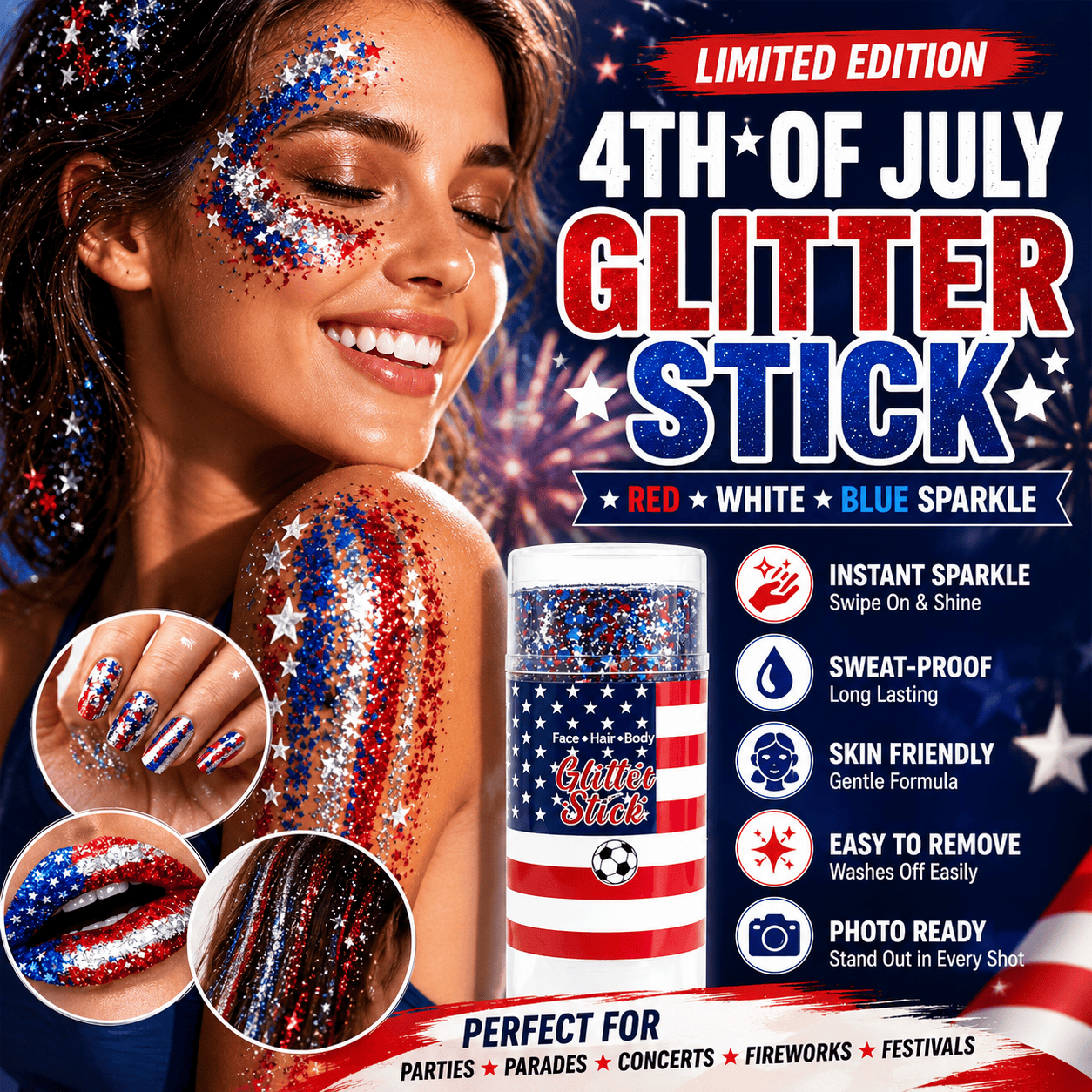 🇺🇸 4th of July Glitter Stick – Red, White & Blue Body & Hair Sparkle