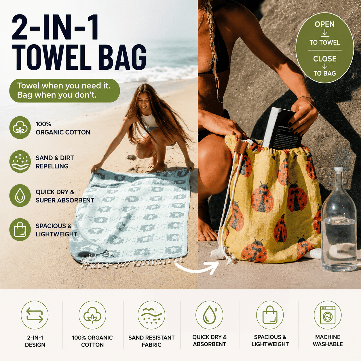 ⏰2026 HOT SALE 49% OFF - 🏖️2-in-1 Convertible Towel & Backpack with Inner Zip Pocket & Sand-Repelling Fabric