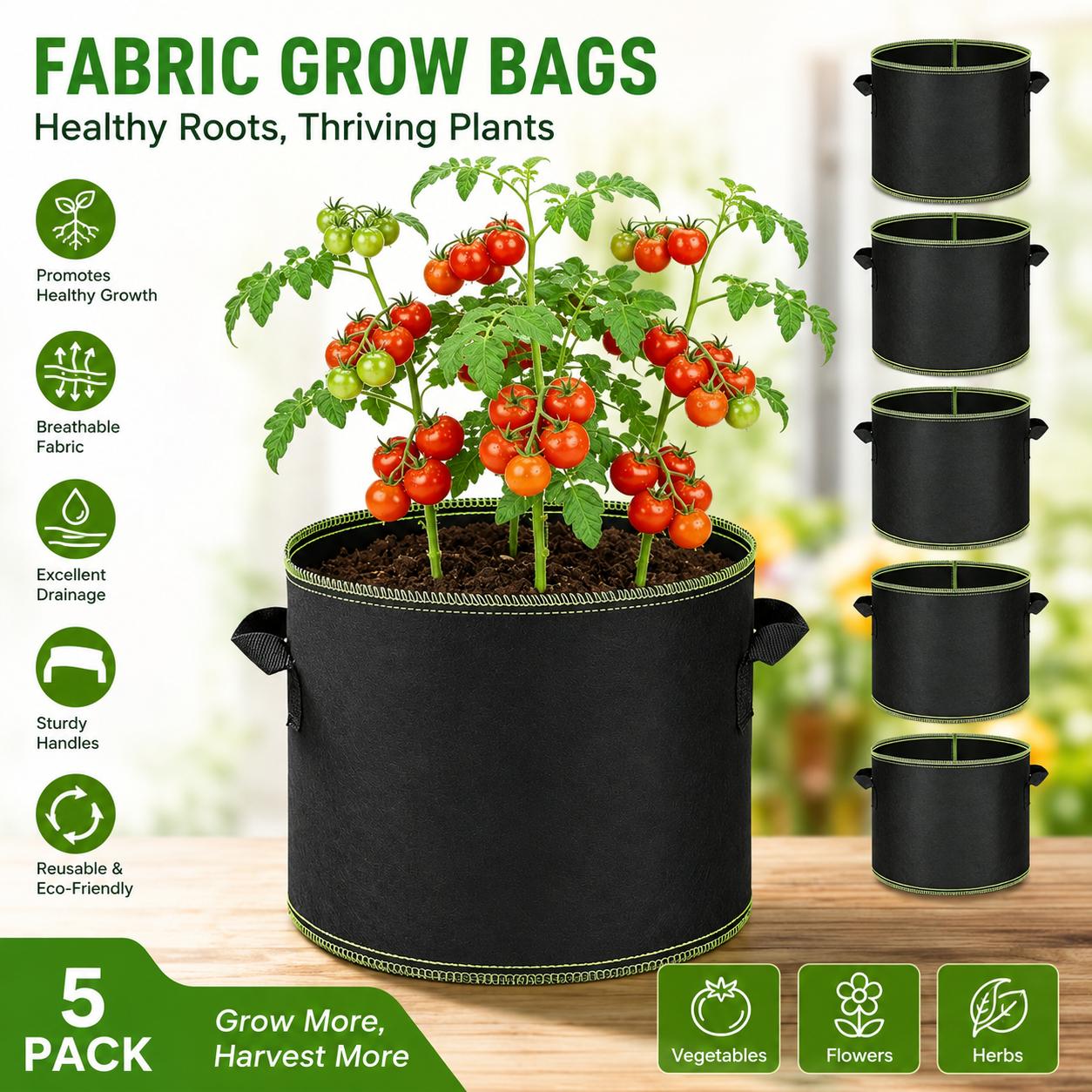 🌱 5-Pack 5 Gallon Grow Bags – Heavy Duty Aeration Fabric Pots with Handles for Vegetables, Flowers & Fruits 🪴