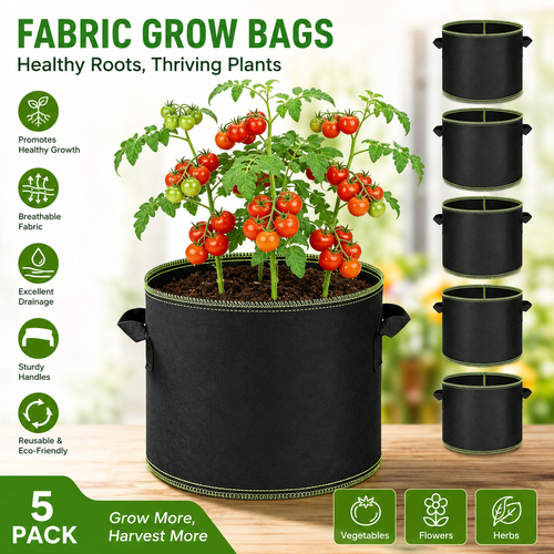 🌱 5-Pack 5 Gallon Grow Bags – Heavy Duty Aeration Fabric Pots with Handles for Vegetables, Flowers & Fruits 🪴