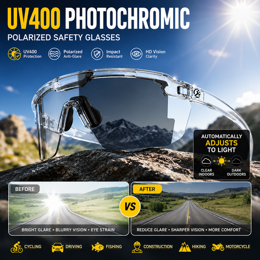 ☀️🕶️UV400 Photochromic Polarized Safety Glasses – 🥇Automatically Adjust To Sunlight • Reduce Glare • Protect Your Eyes Anywhere