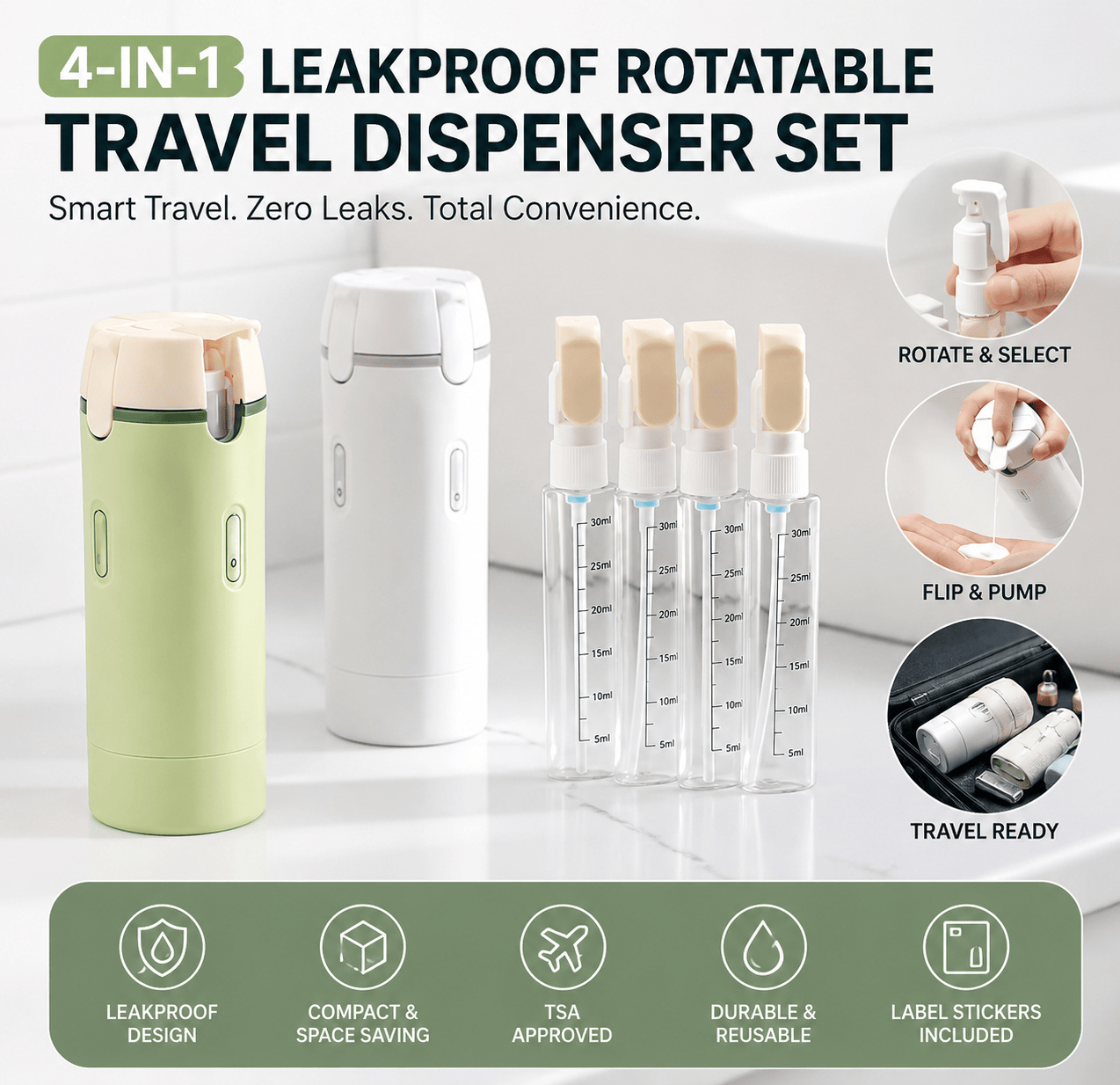 4-in-1 Leakproof Rotatable Travel Dispenser Set