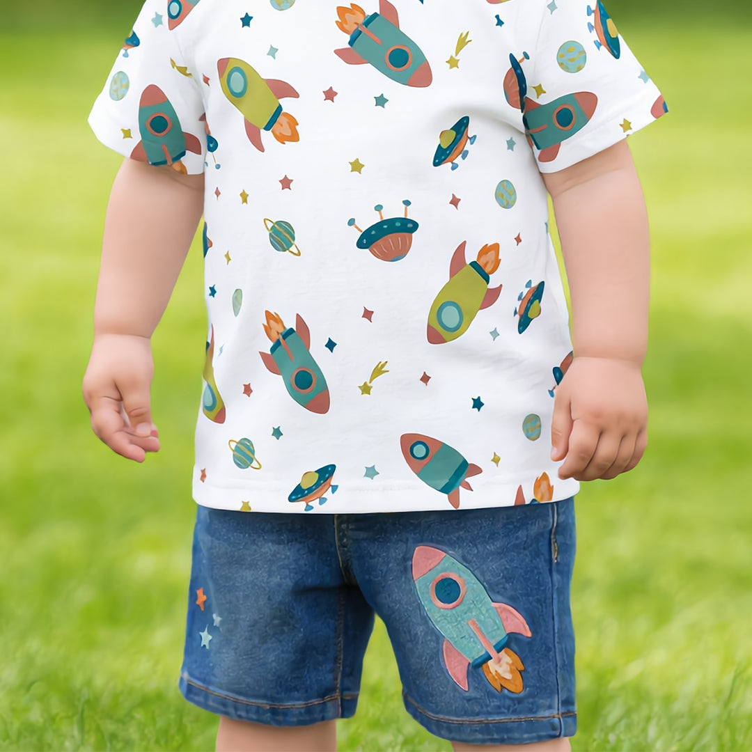 Galactic Explorer Tee & Rocket Denim Shorts Set