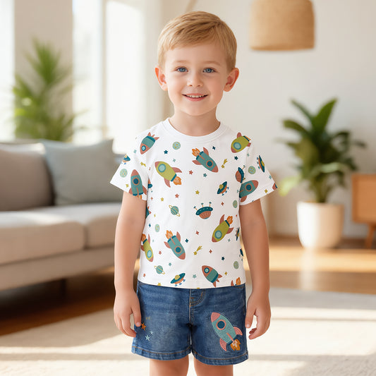 Galactic Explorer Tee & Rocket Denim Shorts Set