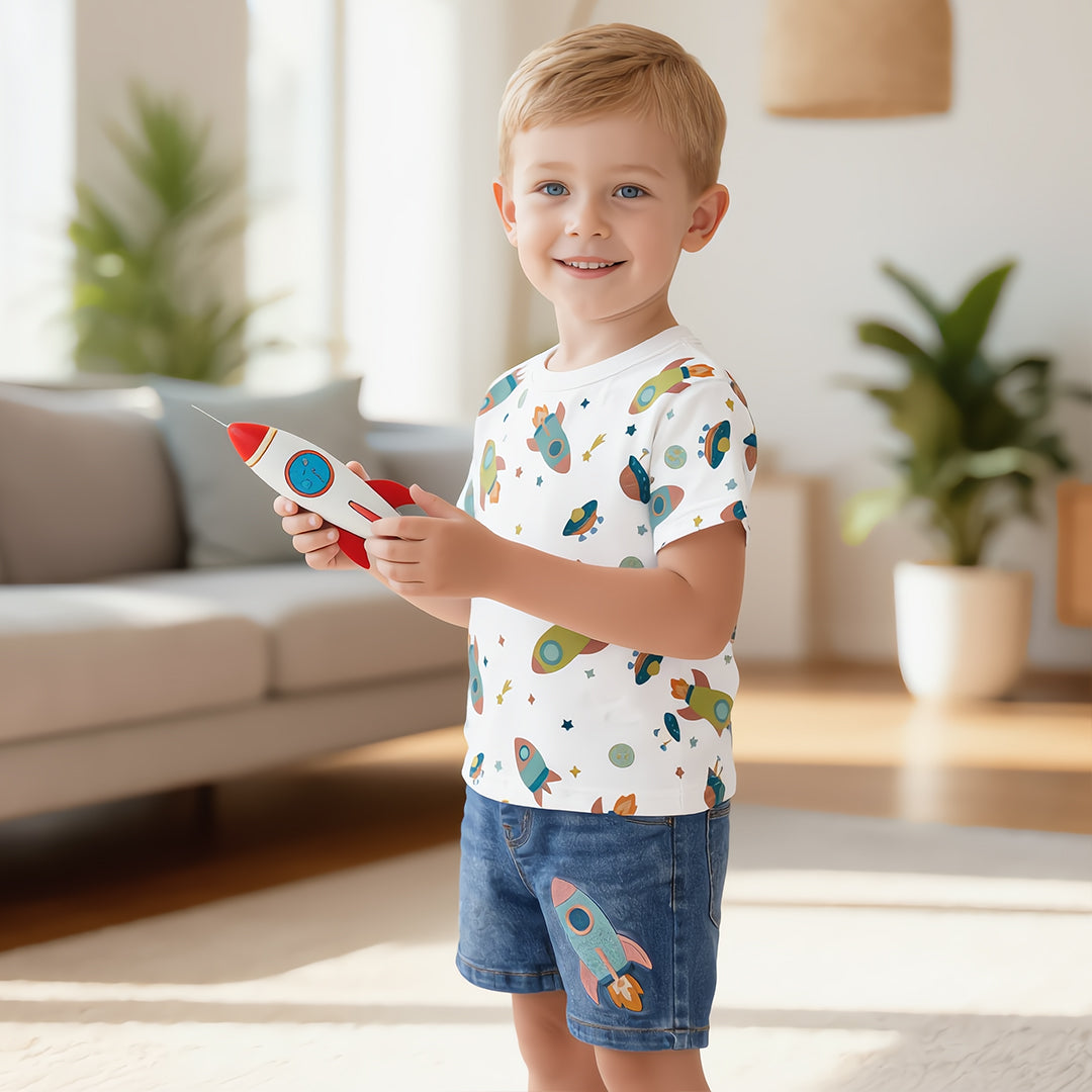 Galactic Explorer Tee & Rocket Denim Shorts Set