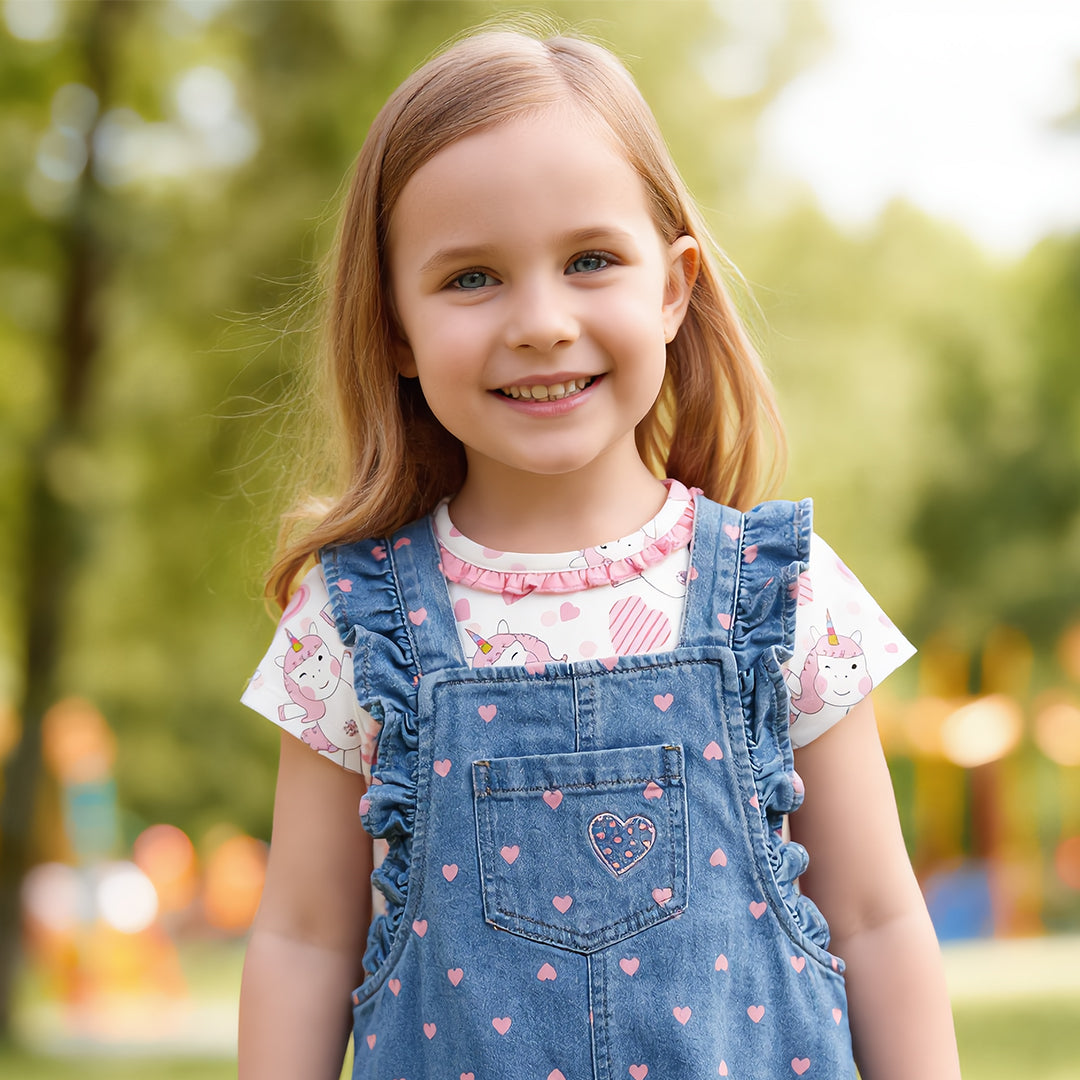 Unicorn Hearts Tee & Denim Pinafore Set