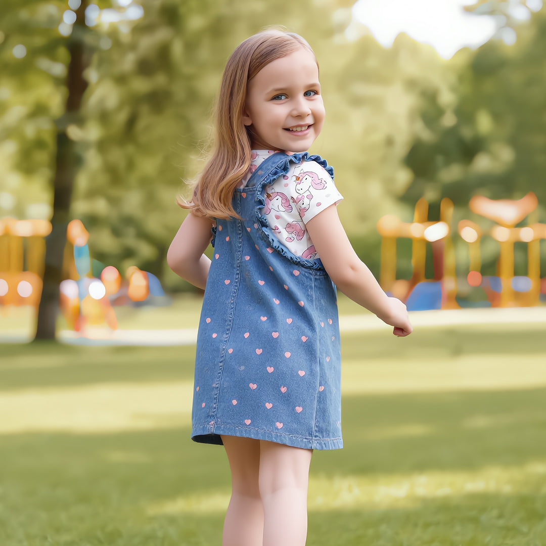 Unicorn Hearts Tee & Denim Pinafore Set